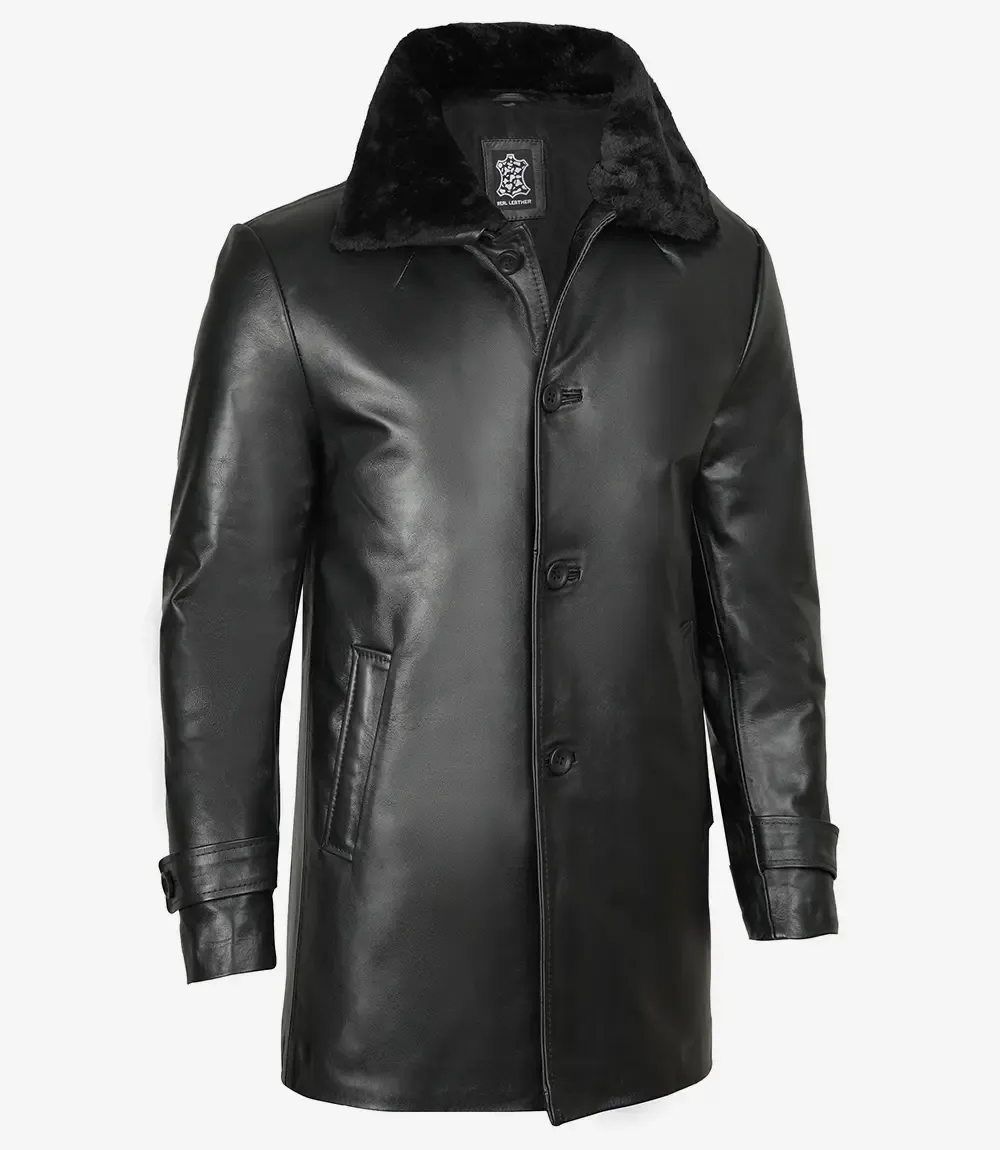 Men's Black Leather 3/4 Length Coat with Fur Collar