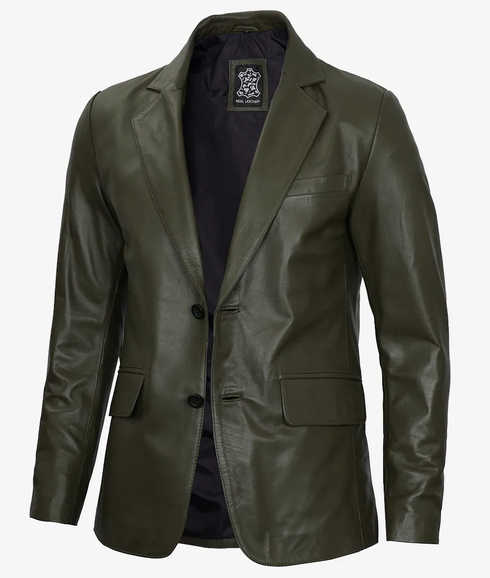 Mens Two Button Olive Green Leather Blazer Mens Two Button Olive Green Leather Blazer