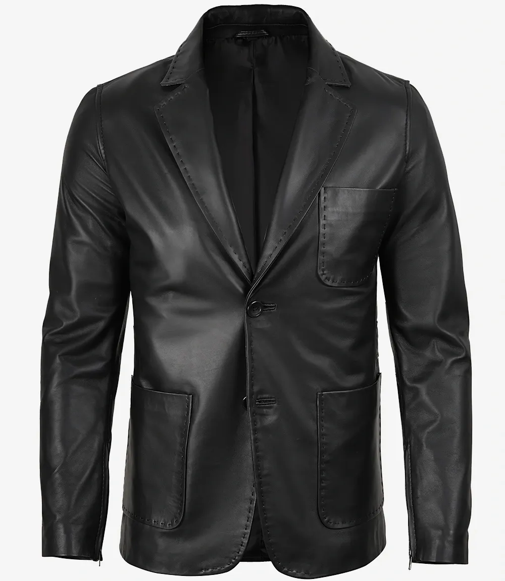 Mens Two Button Black Leather Blazer - Notch Lapel Mens Two Button Black Leather Blazer - Notch Lapel