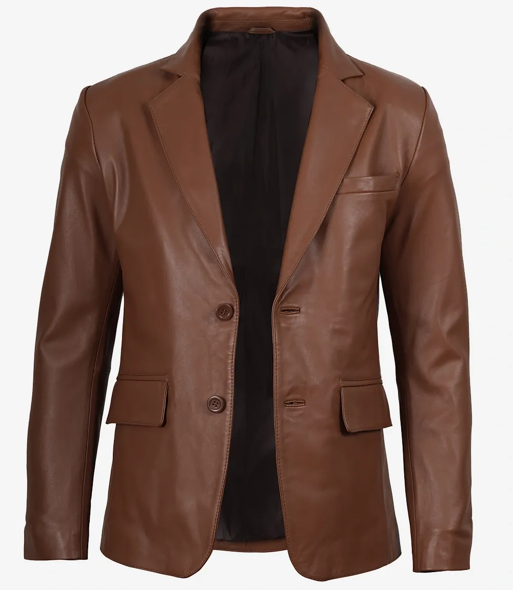 Mens Two Button Cognac Leather Blazer - Notch Lapel Mens Two Button Cognac Leather Blazer - Notch Lapel