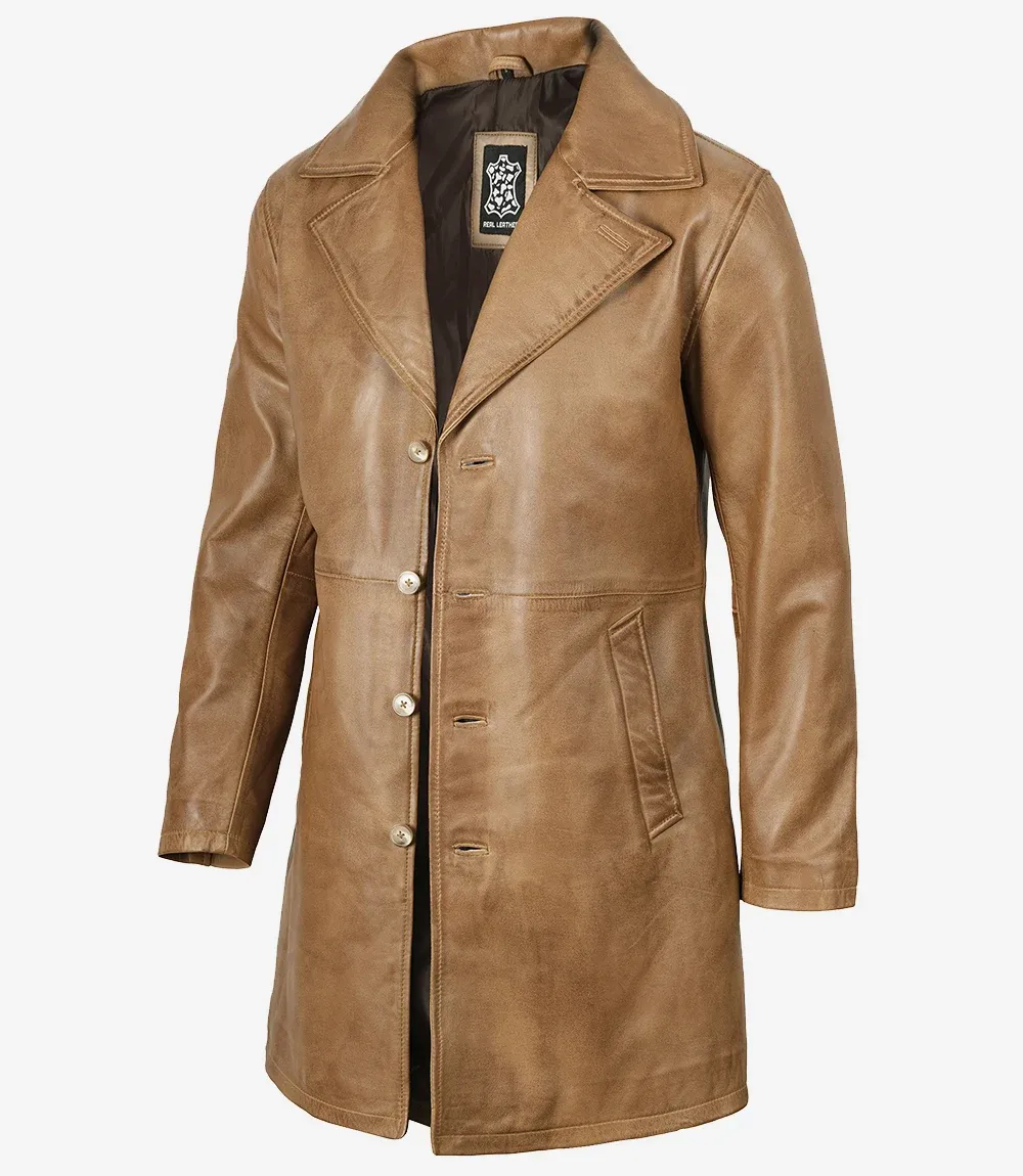 Mens Real Leather 3/4 Length Camel Brown Coat Mens Real Leather 3/4 Length Camel Brown Coat