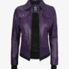 Womens Purple Bomber Leather Jacket - Removable Hood