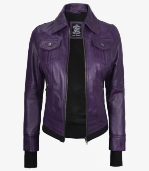 Womens Purple Bomber Leather Jacket - Removable Hood