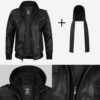 Mens Tall Black Leather Bomber Jacket with Removable Hood