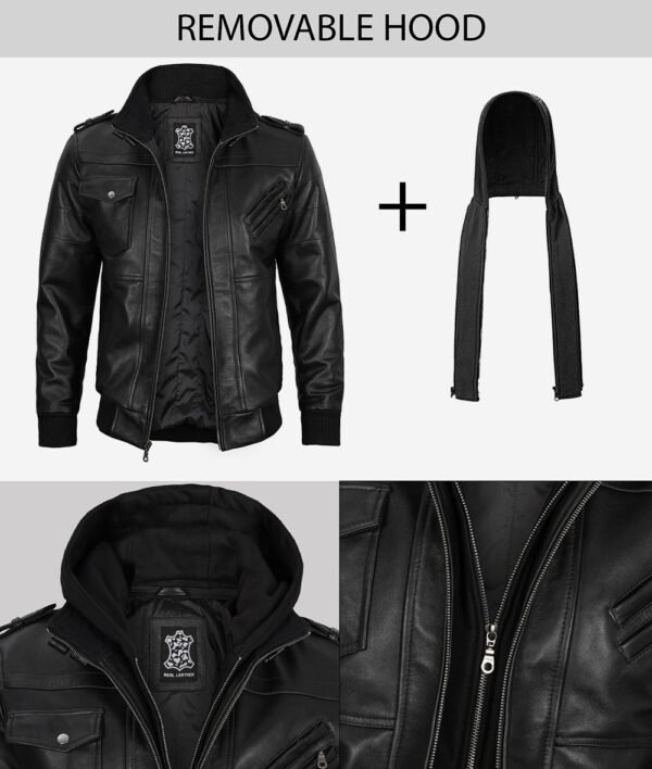 Mens Tall Black Leather Bomber Jacket with Removable Hood