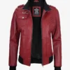 Womens Red Hooded Bomber Leather Jacket