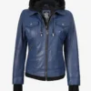 Womens Blue Bomber Leather Jacket With Hood