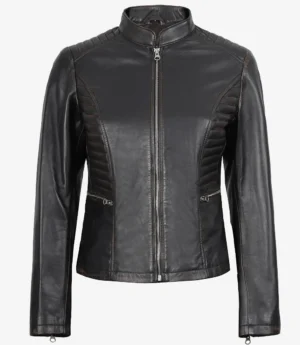 Womens Distressed Black Leather Biker Style Jacket