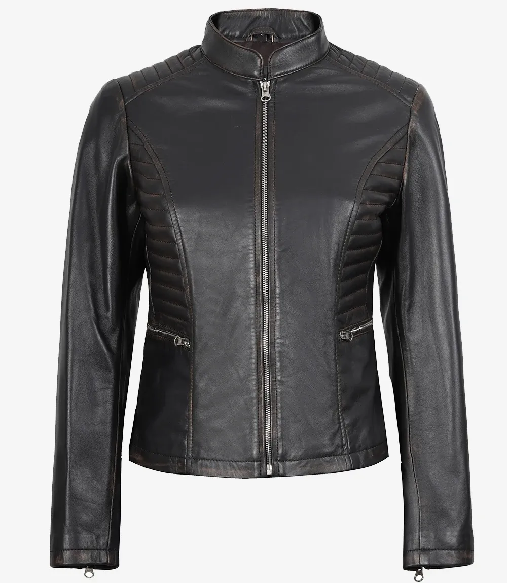 Womens Distressed Black Leather Biker Style Jacket Womens Distressed Black Leather Biker Style Jacket
