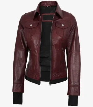 Womens Burgundy Bomber Leather Jacket With Removable Hood