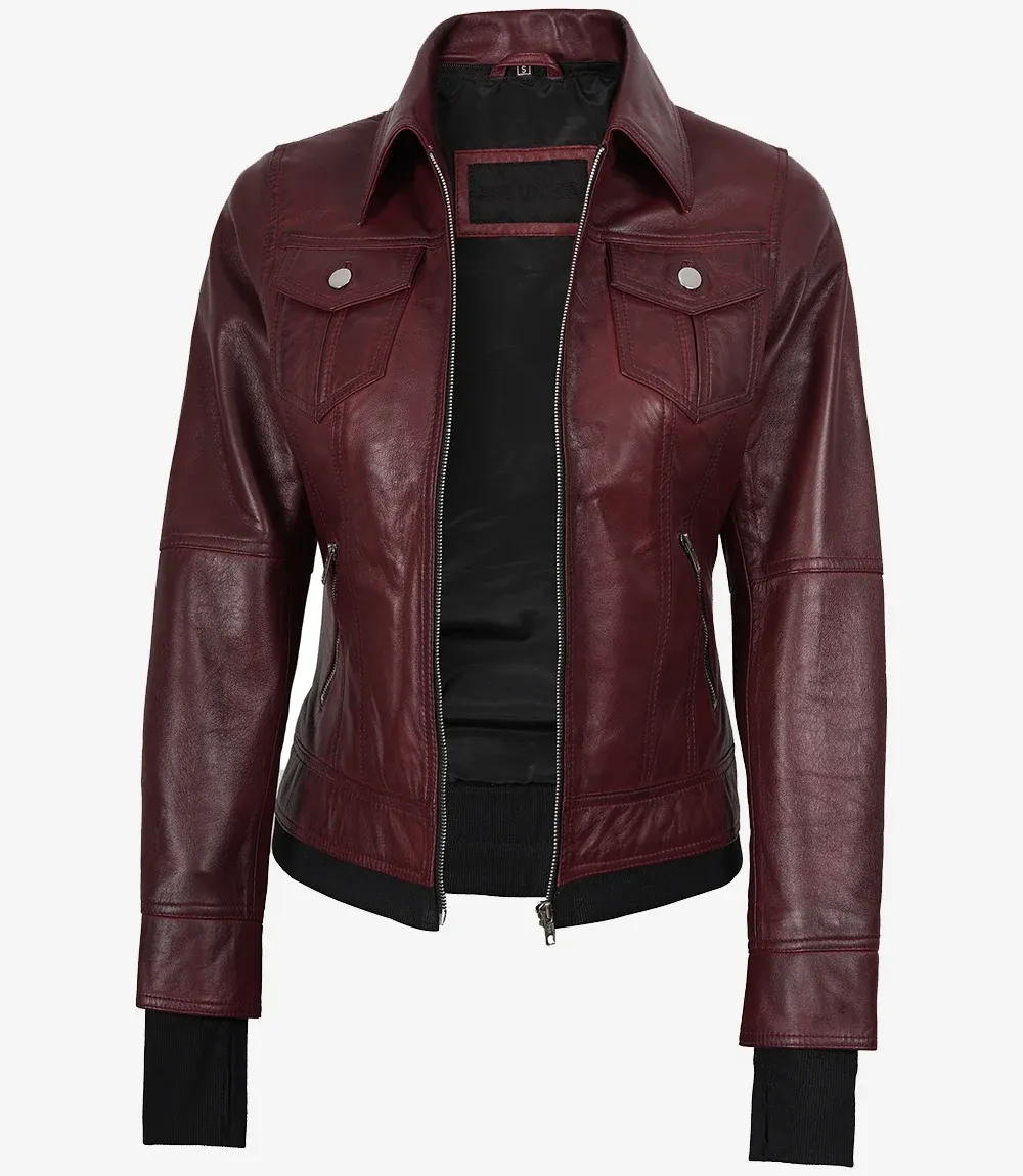 Womens Burgundy Bomber Leather Jacket With Removable Hood Womens Burgundy Bomber Leather Jacket With Removable Hood
