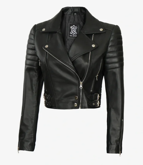 Women Asymmetrical Black Cropped Biker Style Leather Jacket