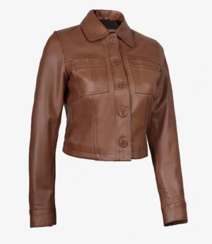 Womens Cropped Cognac Leather Jacket