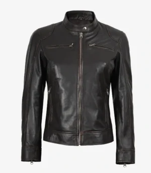 Dodge Womens Distressed Brown Biker Style Leather Jacket