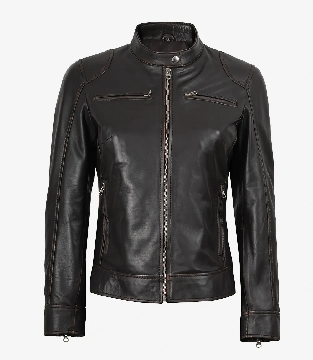 Dodge Womens Distressed Brown Biker Style Leather Jacket Dodge Womens Distressed Brown Biker Style Leather Jacket