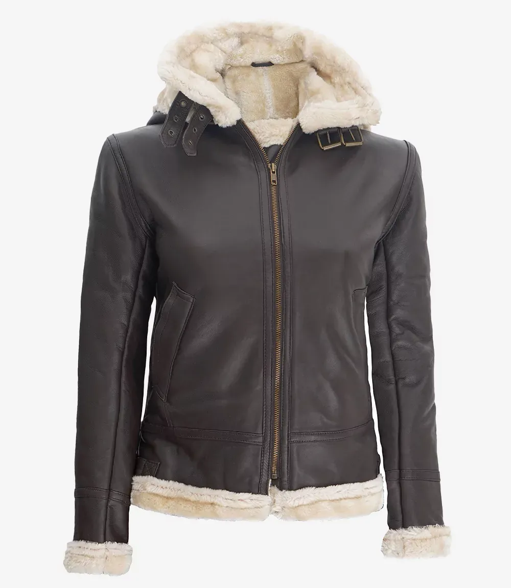 Womens Dark Brown Hooded Shearling Leather Jacket Womens Dark Brown Hooded Shearling Leather Jacket