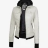 Womens Off White Bomber Leather Jacket with Removable Hood