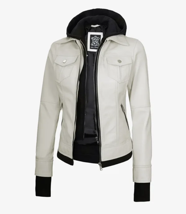 Womens Off White Bomber Leather Jacket with Removable Hood