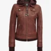 Tralee Women's Cognac Wax Bomber Leather Jacket With Removable Hood