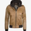 Womens Camel Brown Hooded Bomber Leather Jacket