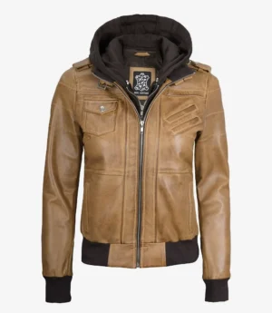 Womens Camel Brown Hooded Bomber Leather Jacket