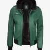Womens Green Hooded Bomber Leather Jacket