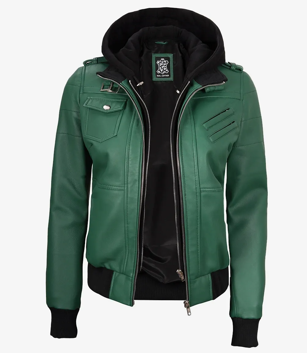 Womens Green Hooded Bomber Leather Jacket Womens Green Hooded Bomber Leather Jacket