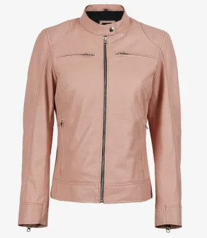 Dodge Light Pink Biker Style Leather Jacket for Women