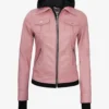Womens Pink Bomber Leather Jacket with Removable Hood