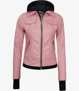 Womens Pink Bomber Leather Jacket with Removable Hood