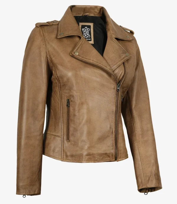 Women's Real Leather Camel Brown Biker Style Jacket