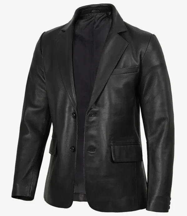 Mens Two Button Black Leather Blazer - Notch Lapel