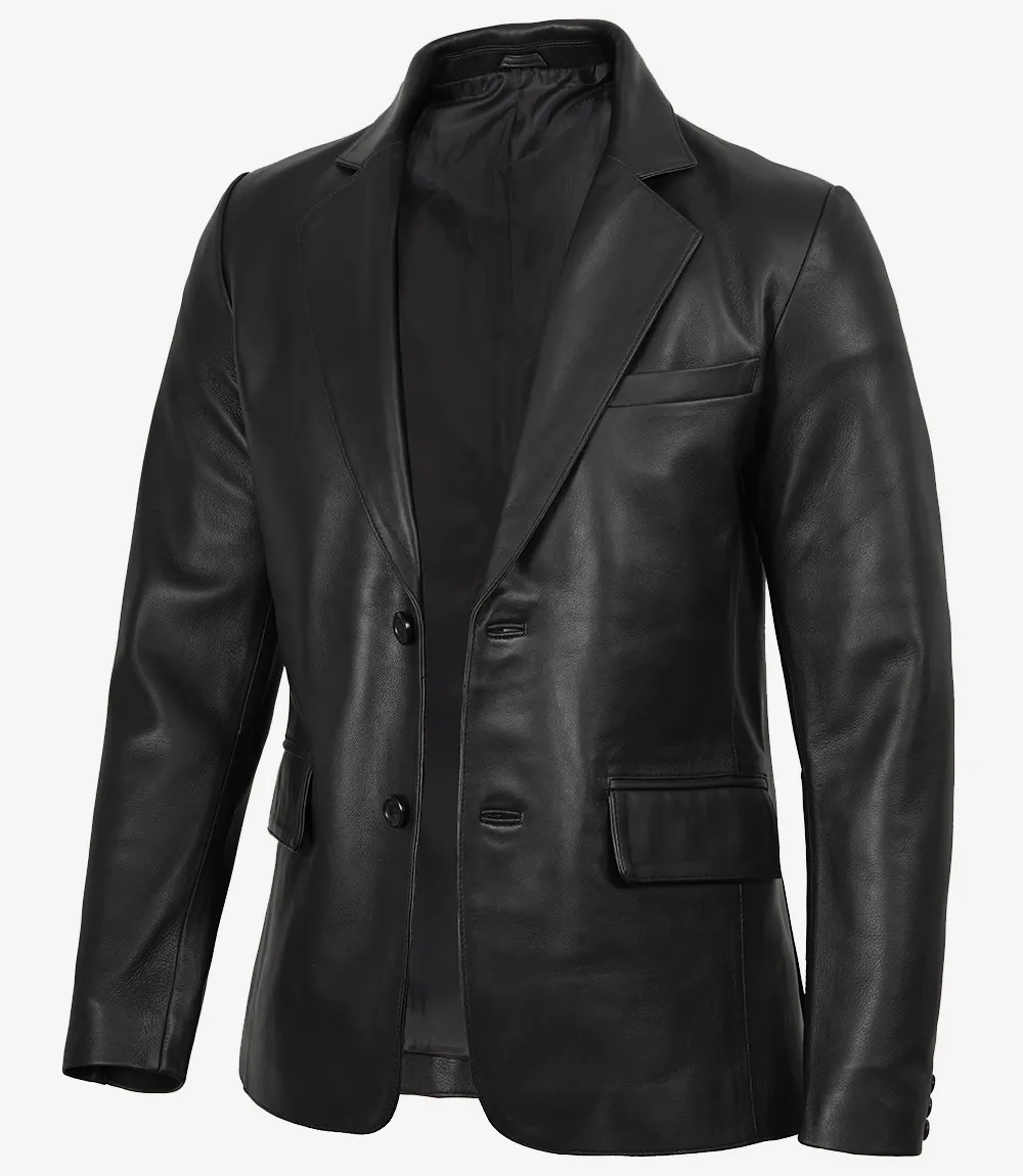 Mens Two Button Black Leather Blazer - Notch Lapel Mens Two Button Black Leather Blazer - Notch Lapel