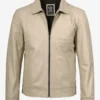 Mens Classic Shirt Collar Beige Harrington Leather Jacket