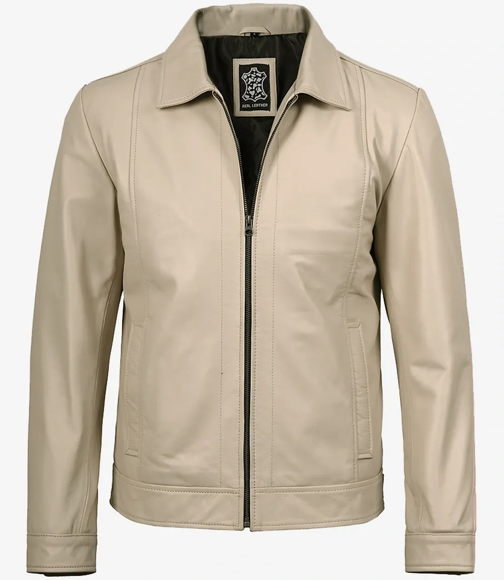 Mens Classic Shirt Collar Beige Harrington Leather Jacket Mens Classic Shirt Collar Beige Harrington Leather Jacket