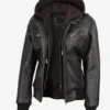 Womens Distressed Brown Hooded Bomber Leather Jacket