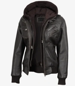 Womens Distressed Brown Hooded Bomber Leather Jacket