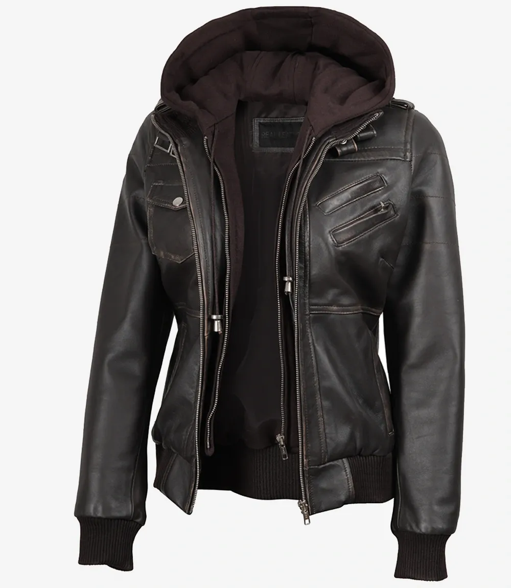 Womens Distressed Brown Hooded Bomber Leather Jacket Womens Distressed Brown Hooded Bomber Leather Jacket