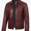 Mens Classic Shirt Collar Burgundy Harrington Leather Jacket