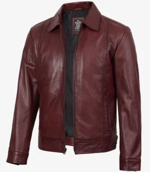Mens Classic Shirt Collar Burgundy Harrington Leather Jacket