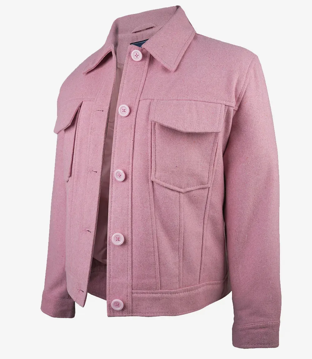 Women’s Classic Pink Wool Button-Up Jacket - Trucker Style Women’s Classic Pink Wool Button-Up Jacket - Trucker Style