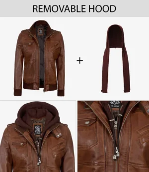 Womens Cognac Leather Bomber Jacket With Hood
