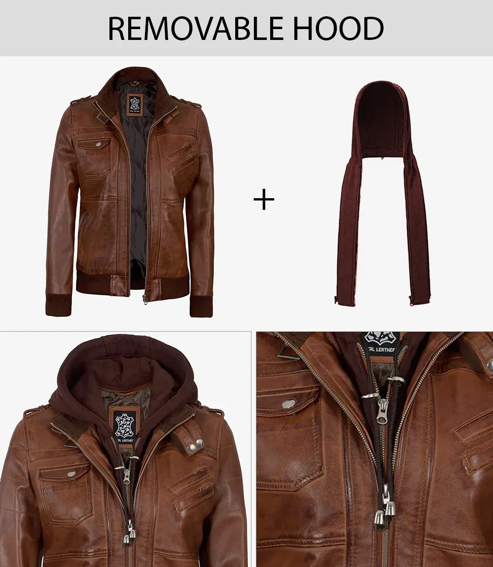 Womens Cognac Leather Bomber Jacket With Hood Womens Cognac Leather Bomber Jacket With Hood