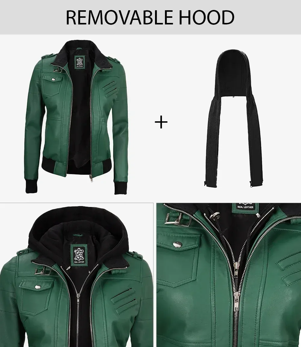 Womens Green Hooded Bomber Leather Jacket(1)__59237_zoom Womens Green Hooded Bomber Leather Jacket