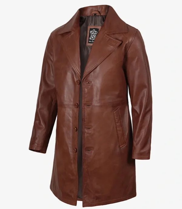 Mens Real Leather 3/4 Length Cognac Coat