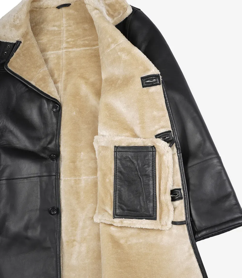 Men's Black 3/4 Length Shearling Leather Coat