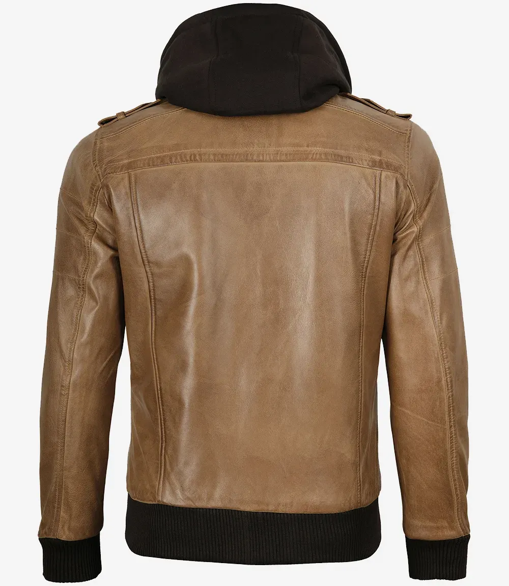 Men's Camel Brown Bomber Leather Jacket (Removable Hood)