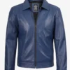 Men's Classic Blue Leather Jacket with Shirt Collar