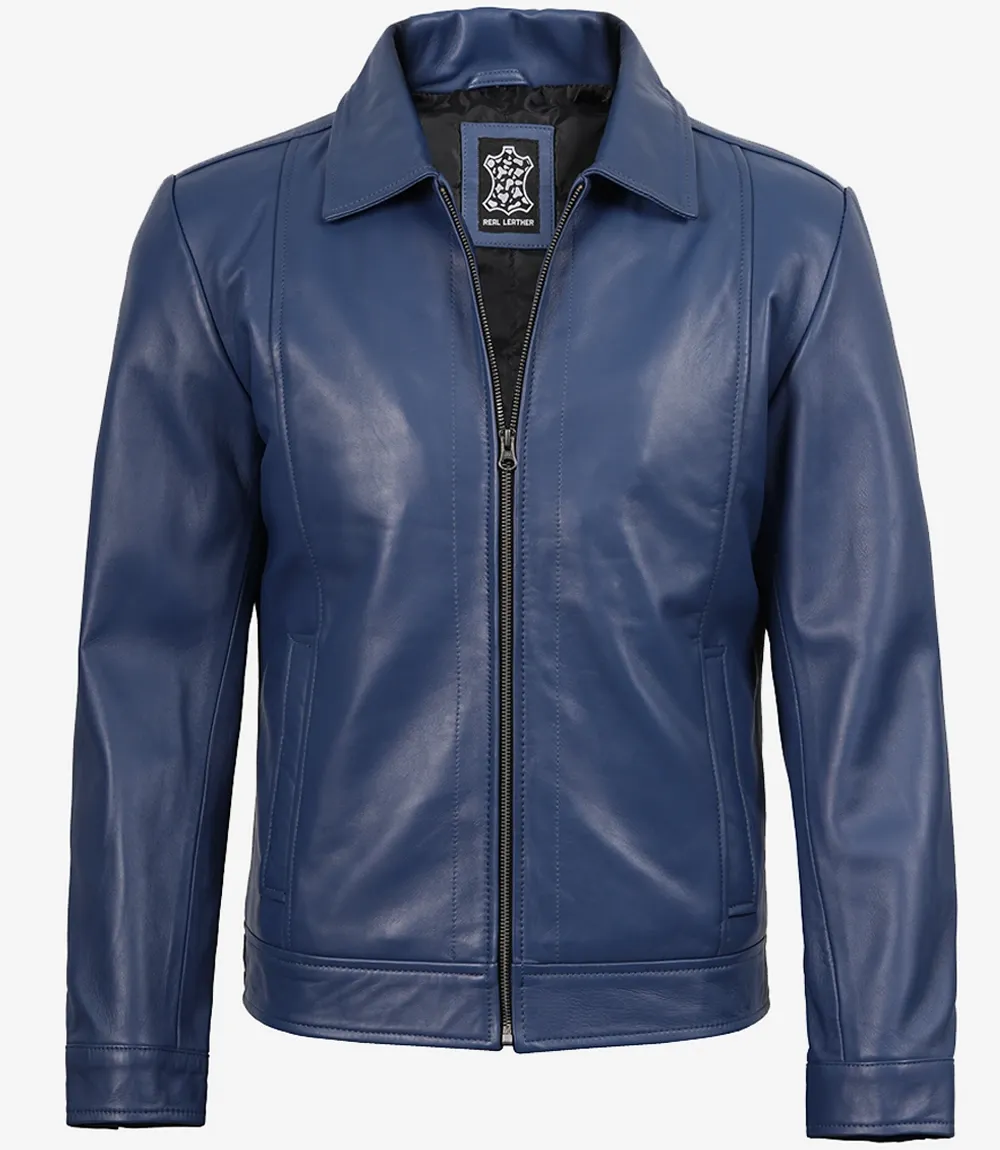 Men's Classic Blue Leather Jacket with Shirt Collar Men's Classic Blue Leather Jacket with Shirt Collar