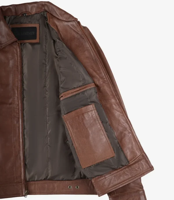 Men's Distressed Brown Biker Style Leather Jacket - Quilted Shoulder